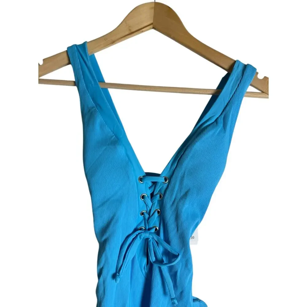 Becca Gia Waterfall Blue Strappy Lace Up Plunge One Piece Swimsuit Size Large